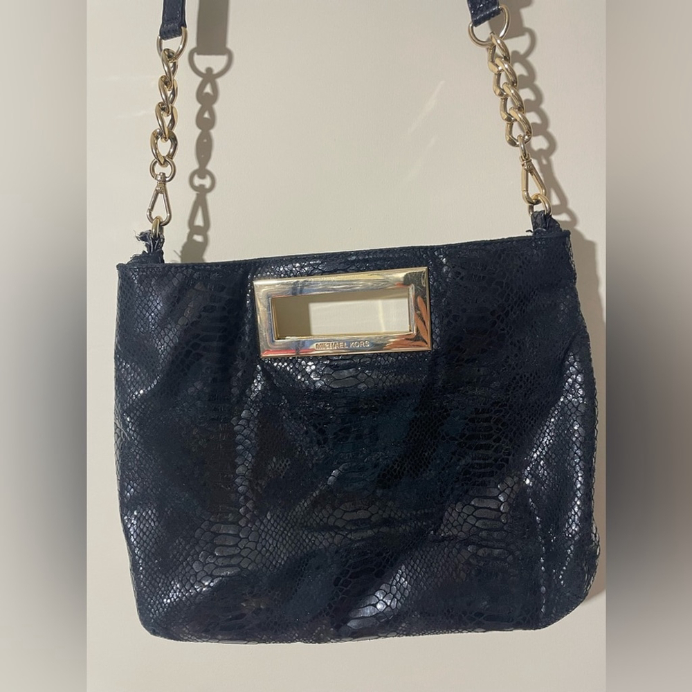 Michael Kors Black Snake-Embossed Leather Shoulder Bag Gold Evening Crossbody - Picture 4 of 8